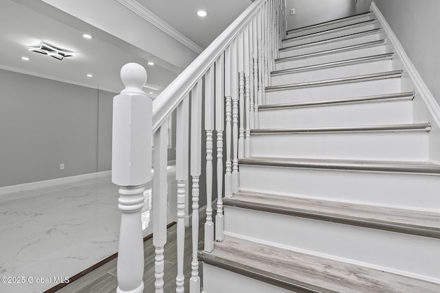 stairs with recessed lighting, crown molding, baseboards, and marble finish flooring