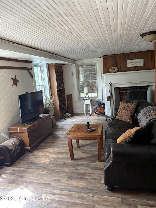 353 Truax Rd, Amsterdam, NY 12010 - living area with wood finished floors, wooden walls, a fireplace, and wooden ceiling