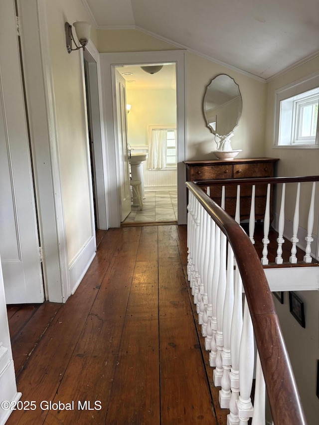 353 Truax Rd, Amsterdam, NY 12010 - corridor with wood-type flooring, ornamental molding, and vaulted ceiling