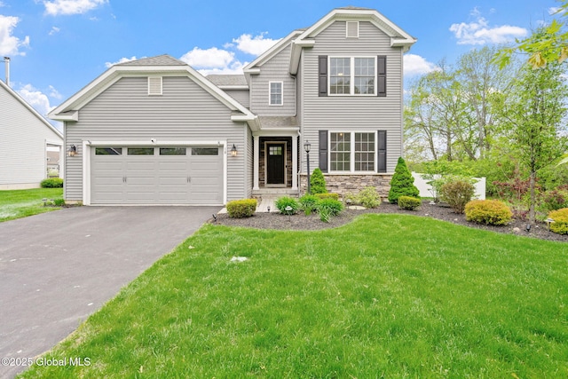 18 Newell Ln, Bethlehem, NY 12077 - traditional-style home with driveway, a front yard, an attached garage, stone siding, and a shingled roof