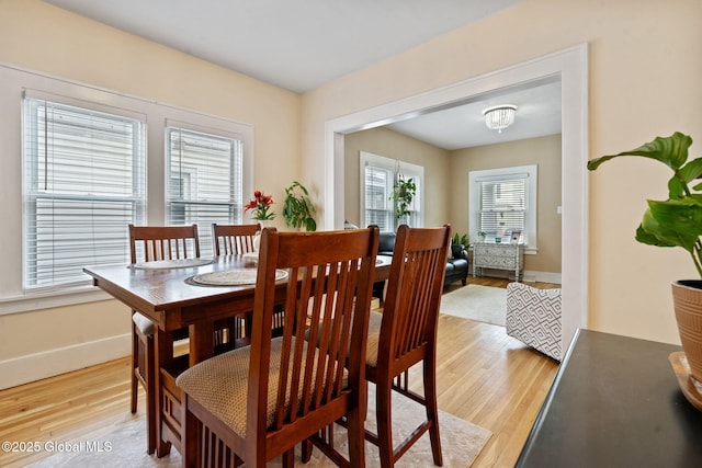 dining room with light wood finished floors and baseboards