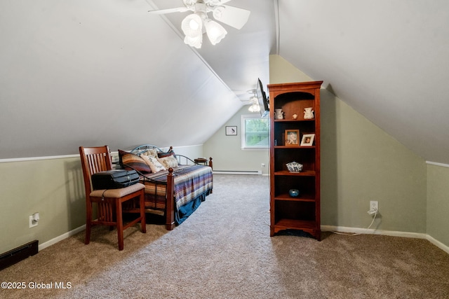 bedroom featuring carpet floors, vaulted ceiling, and baseboards