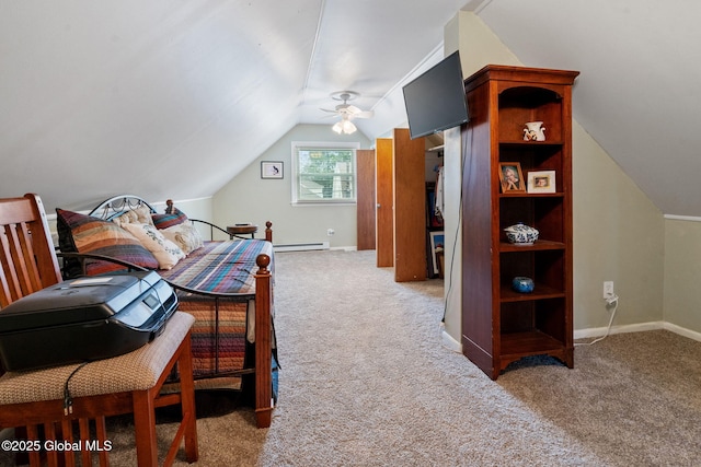 carpeted bedroom featuring lofted ceiling, baseboards, a ceiling fan, and baseboard heating