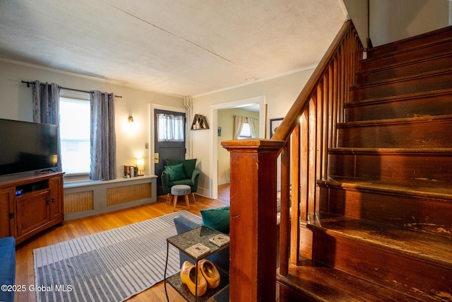8 Pineridge Pl, Bethlehem, NY 12054 - living area featuring stairway, light wood-type flooring, and ornamental molding
