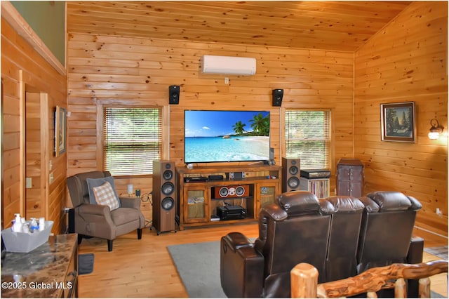 152 Sweenie Fields Rd, Schroon Lake, NY 12870 - living room with wood finished floors, wooden walls, wooden ceiling, and high vaulted ceiling