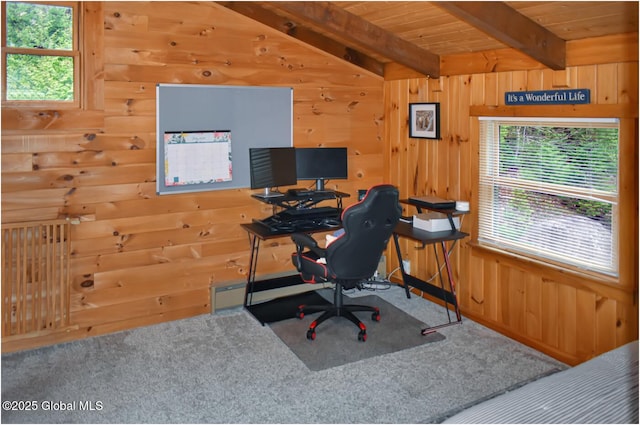 152 Sweenie Fields Rd, Schroon Lake, NY 12870 - carpeted office with healthy amount of natural light, wood walls, beamed ceiling, and wood ceiling