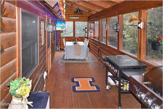 152 Sweenie Fields Rd, Schroon Lake, NY 12870 - sunroom / solarium featuring hardwood / wood-style flooring, vaulted ceiling, and wood walls