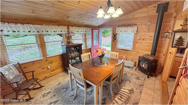 152 Sweenie Fields Rd, Schroon Lake, NY 12870 - dining space featuring a wood stove, lofted ceiling, wood walls, wooden ceiling, and a chandelier