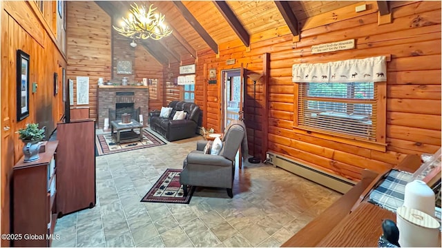 152 Sweenie Fields Rd, Schroon Lake, NY 12870 - living room with a baseboard radiator, a chandelier, beam ceiling, wooden ceiling, and high vaulted ceiling