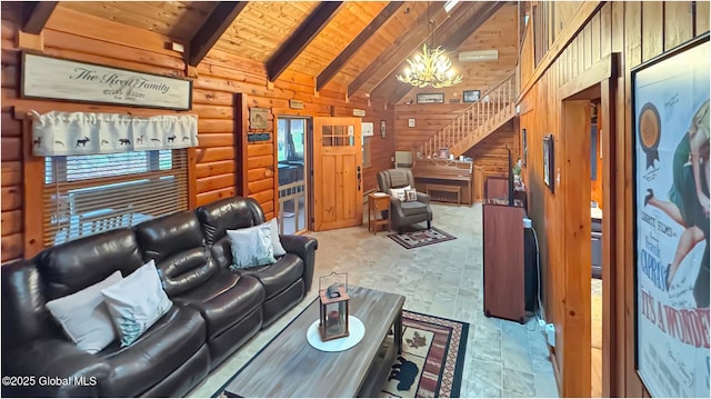 152 Sweenie Fields Rd, Schroon Lake, NY 12870 - living area featuring wooden ceiling, a chandelier, stairs, beamed ceiling, and wooden walls