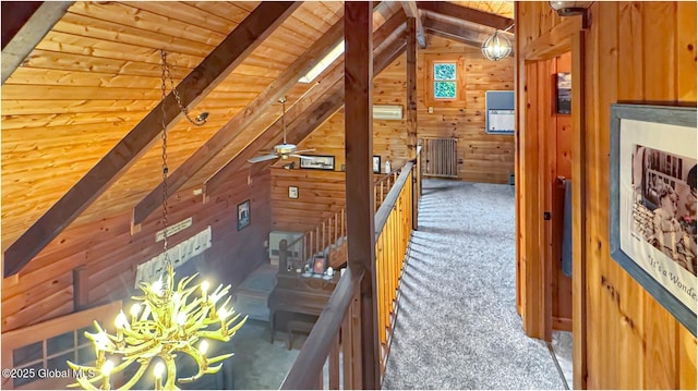 152 Sweenie Fields Rd, Schroon Lake, NY 12870 - hallway with wood walls, wood ceiling, an upstairs landing, and carpet flooring