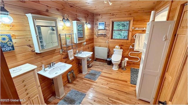 152 Sweenie Fields Rd, Schroon Lake, NY 12870 - full bathroom with wood-type flooring, wood walls, toilet, wood ceiling, and two sinks
