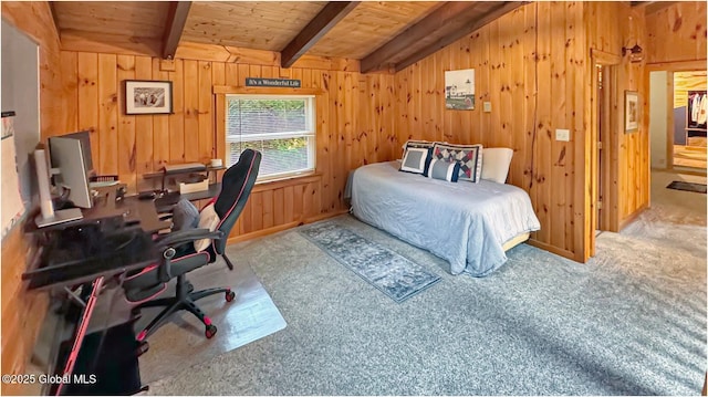 152 Sweenie Fields Rd, Schroon Lake, NY 12870 - bedroom featuring beam ceiling, carpet floors, wooden walls, wooden ceiling, and an office area