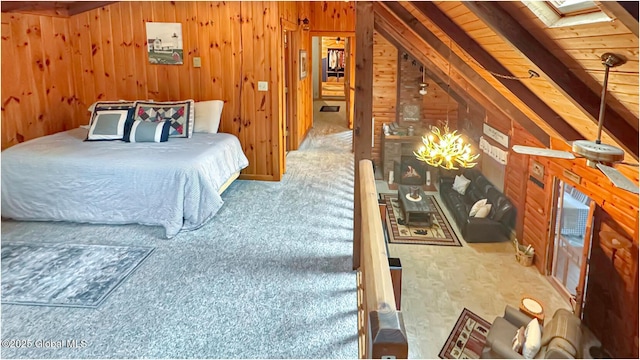 152 Sweenie Fields Rd, Schroon Lake, NY 12870 - bedroom featuring wooden walls, carpet floors, and lofted ceiling