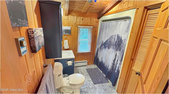 152 Sweenie Fields Rd, Schroon Lake, NY 12870 - bathroom with baseboard heating, wooden ceiling, wood walls, toilet, and a shower with curtain