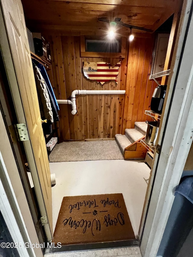 152 Sweenie Fields Rd, Schroon Lake, NY 12870 - below grade area with wooden walls, stairs, and wood ceiling