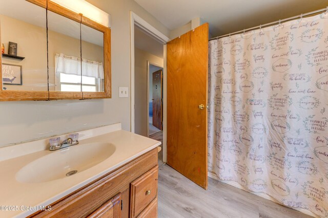 6 William St, Gloversville, NY 12078 - bathroom featuring wood finished floors, vanity, and a shower with curtain