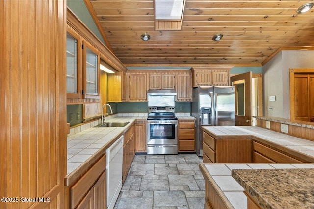 31 Fish Point Rd, Bolton, NY 12824 - kitchen with appliances with stainless steel finishes, a sink, tile countertops, ornamental molding, and wood ceiling