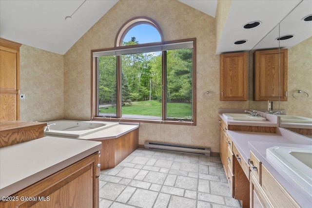 31 Fish Point Rd, Bolton, NY 12824 - full bathroom featuring baseboard heating, lofted ceiling, double vanity, brick patterned floors, and a tub