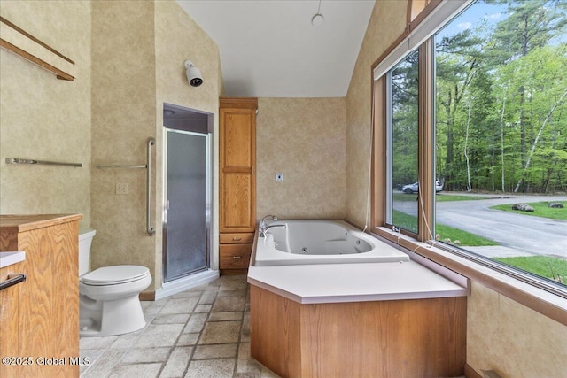 31 Fish Point Rd, Bolton, NY 12824 - full bathroom featuring stone tile flooring, toilet, a stall shower, a whirlpool tub, and vaulted ceiling