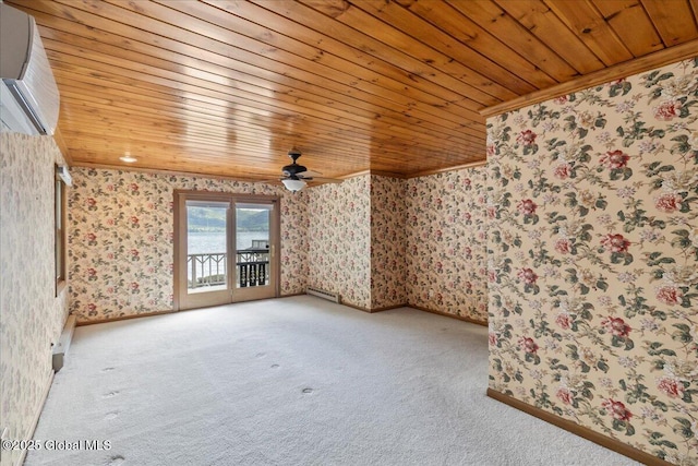 31 Fish Point Rd, Bolton, NY 12824 - spare room with wood ceiling, wallpapered walls, carpet, ceiling fan, and baseboards