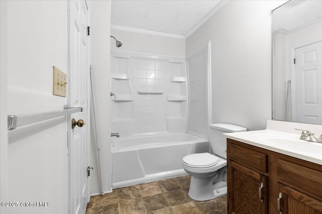 10 Tiffany Dr, Queensbury, NY 12804 - bathroom featuring a textured ceiling, toilet, ornamental molding, vanity, and  shower combination