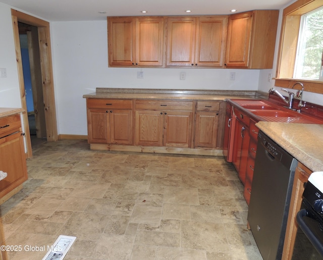 30 Prospect St, Warrensburg, NY 12885 - kitchen with a sink, dishwasher, recessed lighting, light stone finish floors, and brown cabinetry