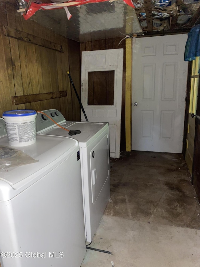 30 Prospect St, Warrensburg, NY 12885 - washroom featuring independent washer and dryer and wooden walls