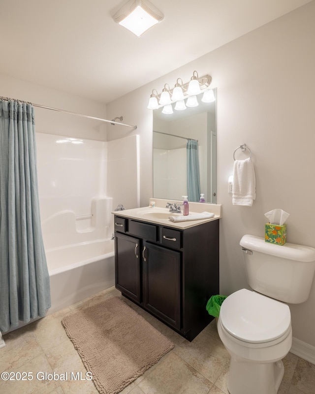 full bathroom with vanity, toilet, shower / bathtub combination with curtain, and tile patterned flooring