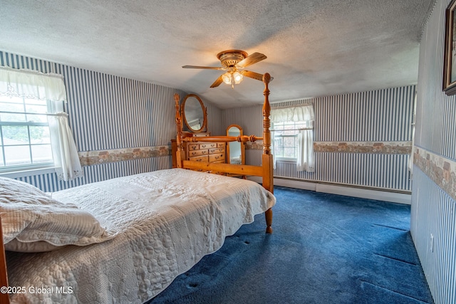 76 Mcnutt Ave, Colonie, NY 12205 - carpeted bedroom featuring wallpapered walls, a textured ceiling, and a ceiling fan