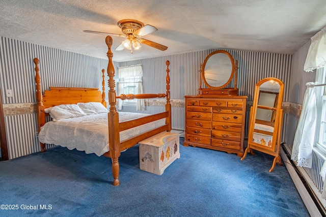76 Mcnutt Ave, Colonie, NY 12205 - bedroom with wallpapered walls, carpet flooring, a textured ceiling, ceiling fan, and baseboard heating
