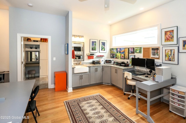 49 N Village Cir, Round Lake, NY 12151 - office with a ceiling fan, a sink, light wood-type flooring, and recessed lighting