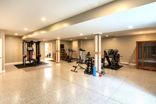 49 N Village Cir, Round Lake, NY 12151 - workout room with a baseboard radiator, recessed lighting, baseboards, and decorative columns
