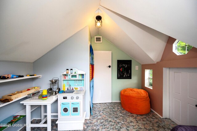 49 N Village Cir, Round Lake, NY 12151 - recreation room with vaulted ceiling and carpet