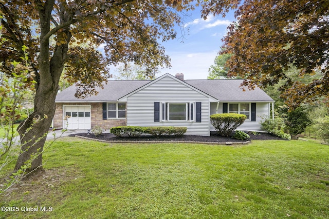 ranch-style house featuring a garage, a chimney, a front lawn, and roof with shingles