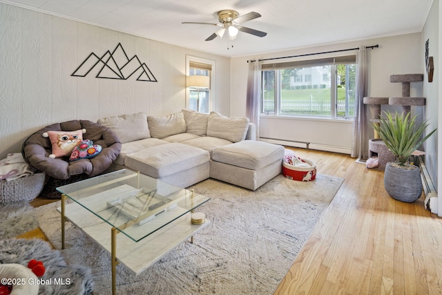living room with a baseboard radiator, hardwood / wood-style floors, ceiling fan, and crown molding
