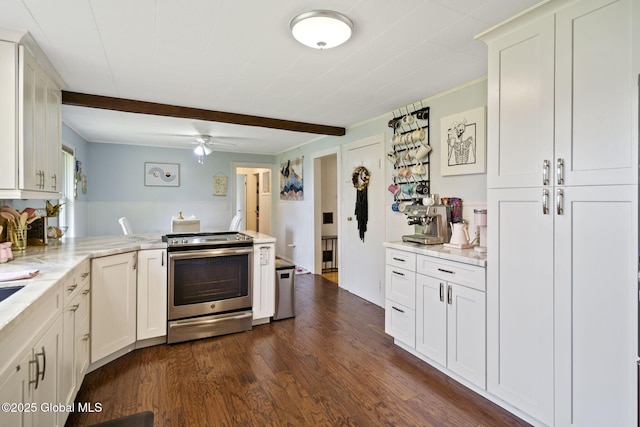 kitchen with stainless steel electric stove, ceiling fan, a peninsula, dark wood-type flooring, and beamed ceiling
