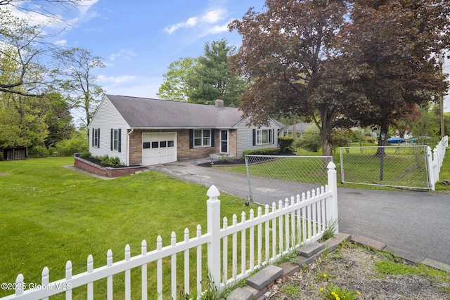 ranch-style house with a garage, asphalt driveway, a chimney, a shingled roof, and stone siding