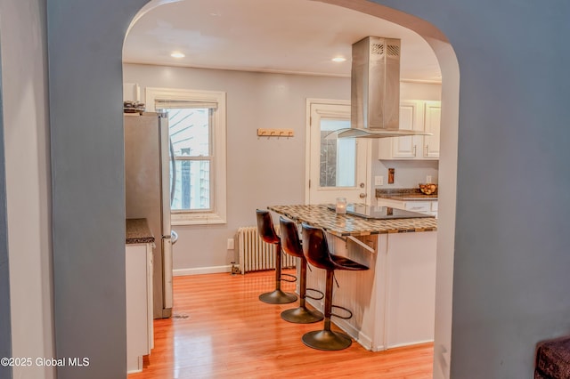 3001 Evelyn Dr, Guilderland, NY 12303 - kitchen with radiator heating unit, island exhaust hood, arched walkways, light wood-style floors, and black electric cooktop