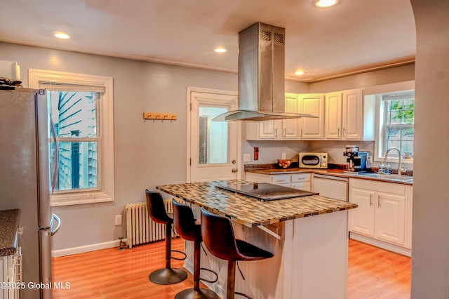 3001 Evelyn Dr, Guilderland, NY 12303 - kitchen featuring freestanding refrigerator, island range hood, a sink, radiator heating unit, and light wood finished floors