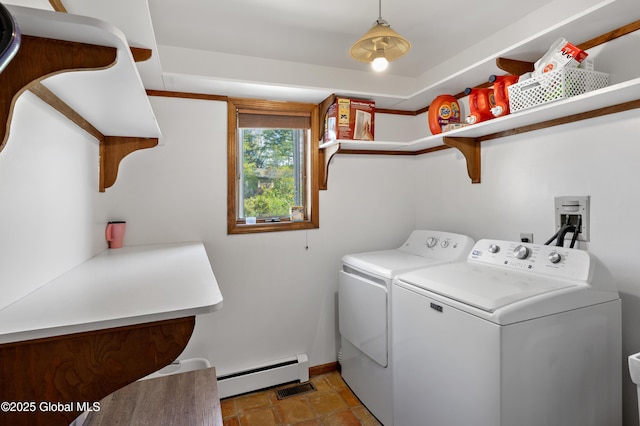 clothes washing area featuring baseboard heating, washing machine and clothes dryer, light stone finish floors, and baseboards