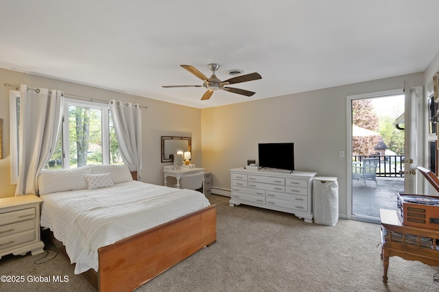 bedroom with access to outside, carpet, ceiling fan, and baseboard heating