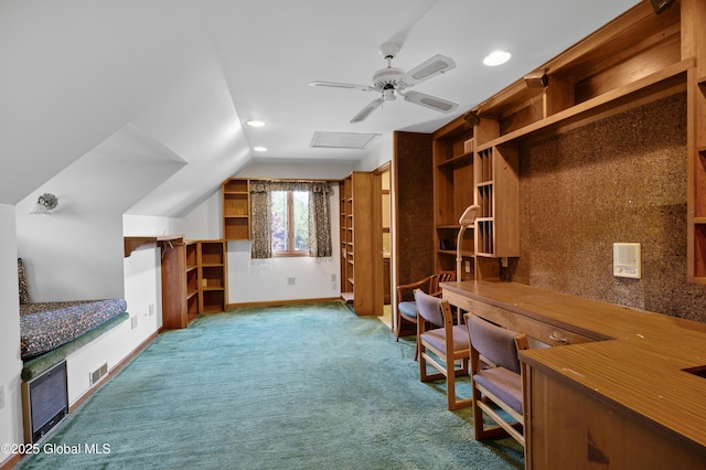 office with lofted ceiling, carpet floors, ceiling fan, baseboards, and recessed lighting