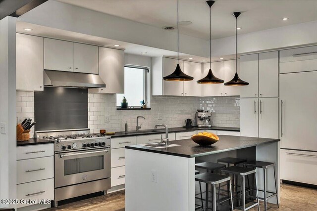18 Granite St, Saratoga Springs, NY 12866 - kitchen with under cabinet range hood, stainless steel gas range oven, dark countertops, a sink, and recessed lighting