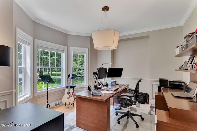 9 Meghan Ct, Wilton, NY 12866 - office area featuring ornamental molding, light wood-style floors, and wainscoting
