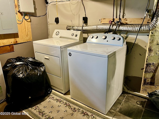 washroom featuring electric panel and washer and clothes dryer