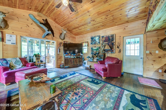 34 Rosebloom Rd, Hadley, NY 12835 - living area featuring wood walls, hardwood / wood-style floors, lofted ceiling, wood ceiling, and ceiling fan