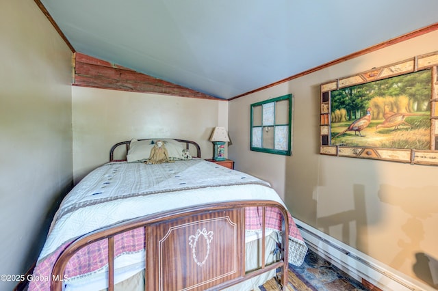 34 Rosebloom Rd, Hadley, NY 12835 - bedroom with a baseboard heating unit, vaulted ceiling, and crown molding