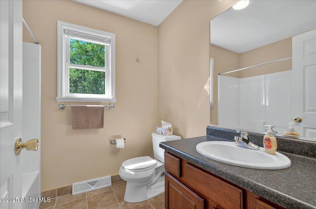 full bath with a shower, baseboards, vanity, toilet, and tile patterned floors