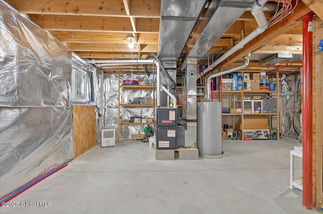 unfinished basement featuring water heater and heating unit